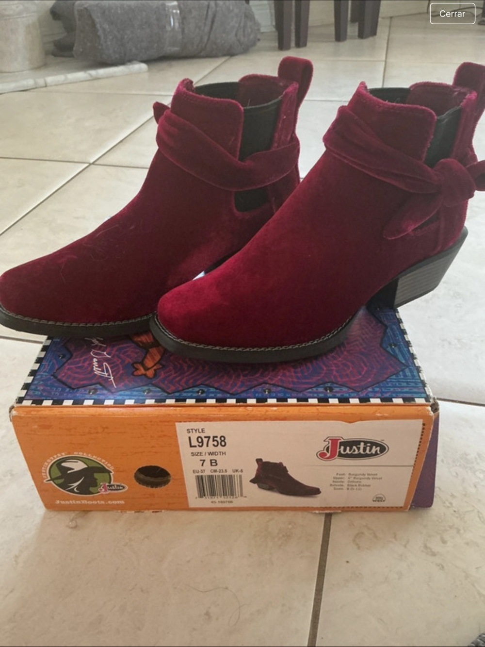 Justin Boots Burgundy Velvet Ankle Booties with Side Wrap